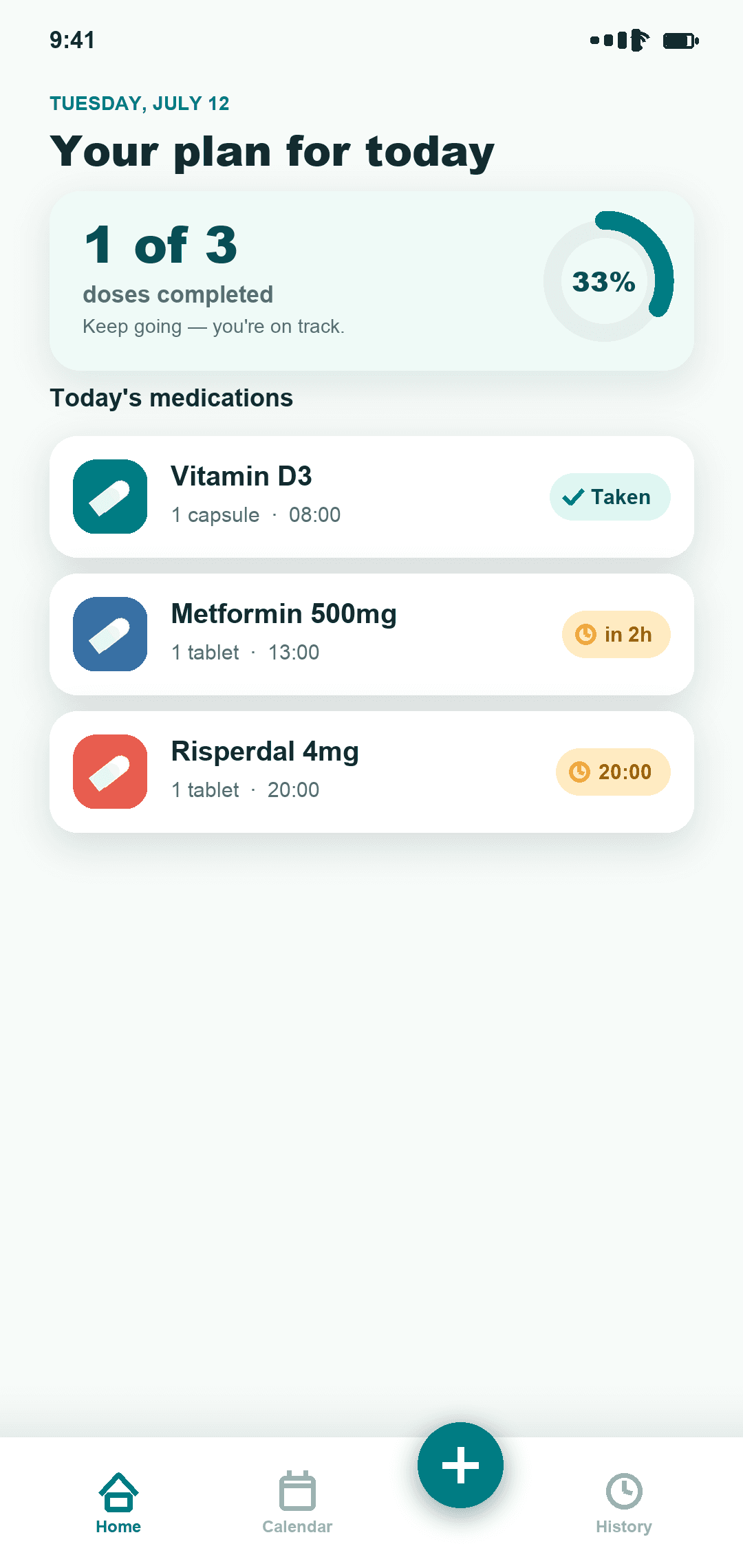 DoseMate home screen showing today's medication plan
