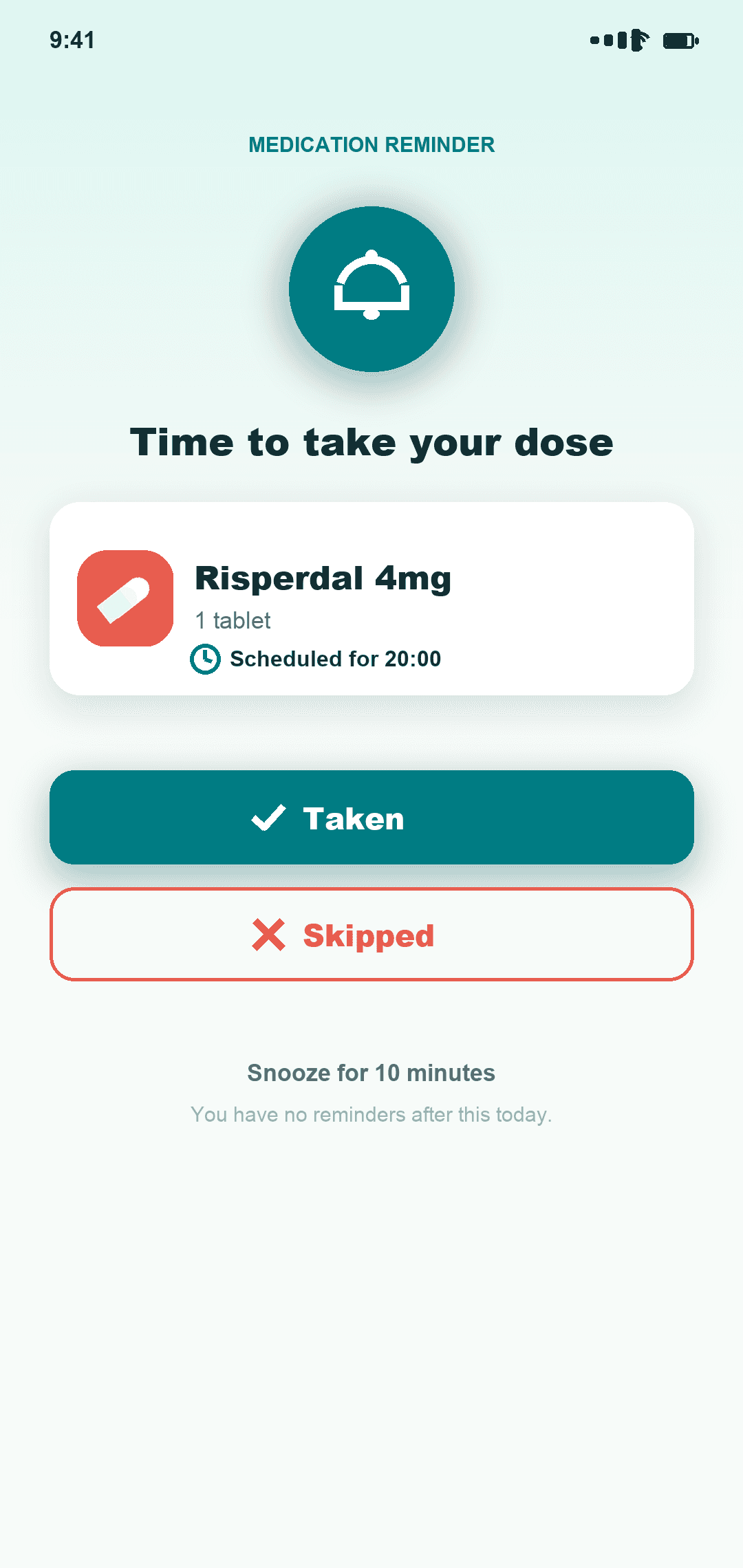 DoseMate reminder screen for taking a dose